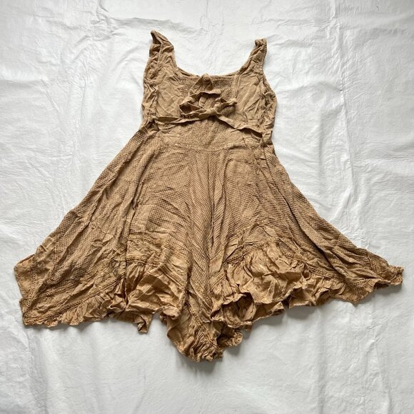 Sleeveless boho dress tan brown Plus Size 1X embroidered lace front handkerchief - Picture 3 of 6